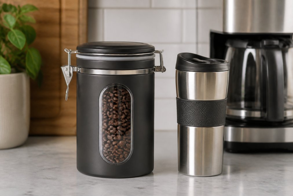 Opaque airtight canister filled with whole coffee beans on a kitchen counter next to a stainless steel travel mug