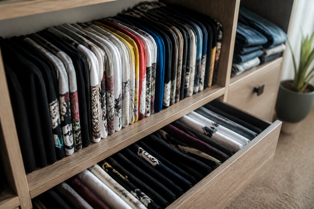 A neatly organized closet shelf with graphic t-shirts folded upright in vertical rows, printed designs facing outward, wooden shelf, soft natural light