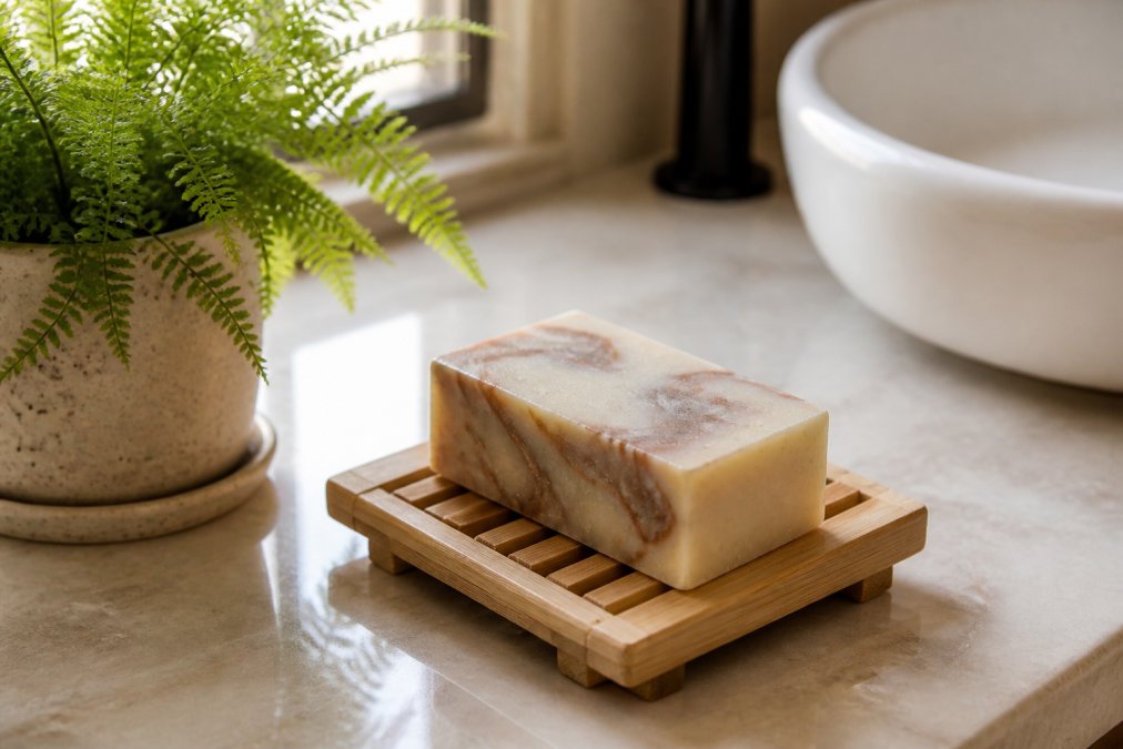A handcrafted bar of artisan soap resting on a natural wooden soap dish with visible slats, placed on a bathroom counter next to a small potted fern, soft natural window light casting gentle shadows