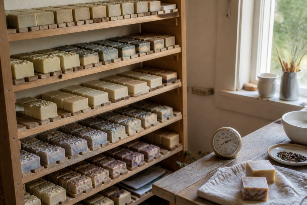 Handmade soap bars curing on a wooden rack in a well-ventilated room to store handmade soap properly.