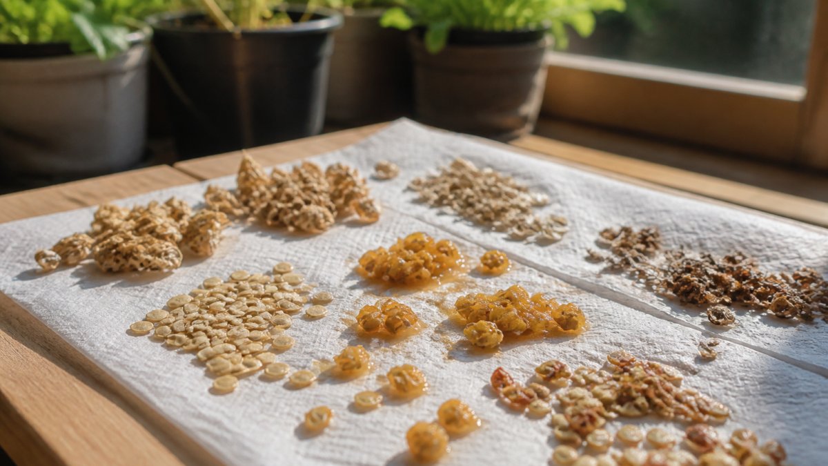 Close-up of heirloom seeds spread on white paper towels on a wooden surface in natural window light, showing seeds in various stages of drying with some fully dried and brittle-looking