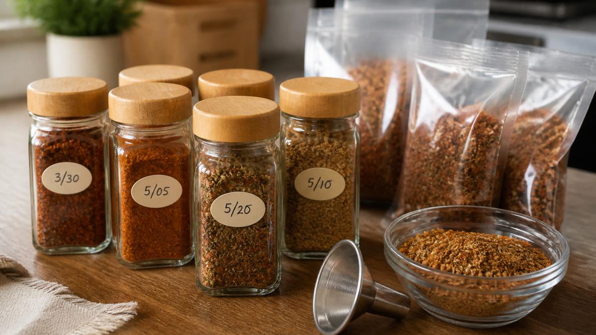 Glass jars filled with colorful homemade spice rubs and a funnel on a kitchen counter