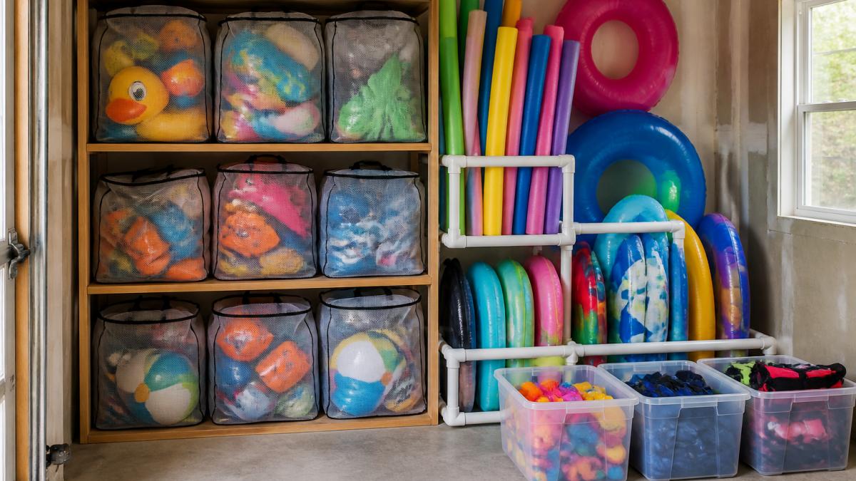 Organized garage corner with inflatable pool toys neatly stored in clear mesh bags stacked on wooden shelves, alongside PVC pipe racks holding pool noodles and floats, with plastic storage bins labeled by toy type on the floor