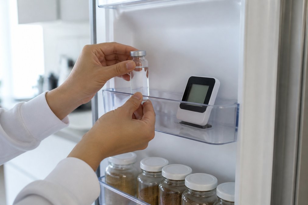 A person's hands placing a small glass vial of injectable vitamin C into a refrigerator door shelf next to a digital thermometer, with soft kitchen lighting and a clean, organized background