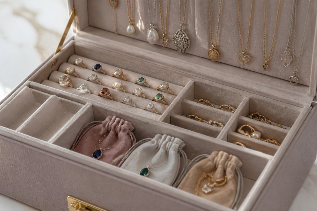 Close-up of an open jewelry box displaying organized padded compartments with felt-lined ring rolls, soft pouches holding gemstone pieces, and necklace hooks securing various precious metal jewelry and delicate chains