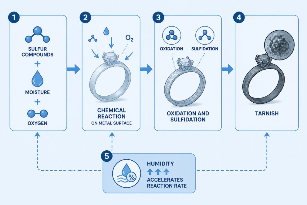 Flowchart showing the tarnishing process: sulfur compounds + moisture + oxygen -> chemical reaction on metal surface -> oxidation and sulfidation -> tarnish, with a branch showing humidity accelerating the reaction rate