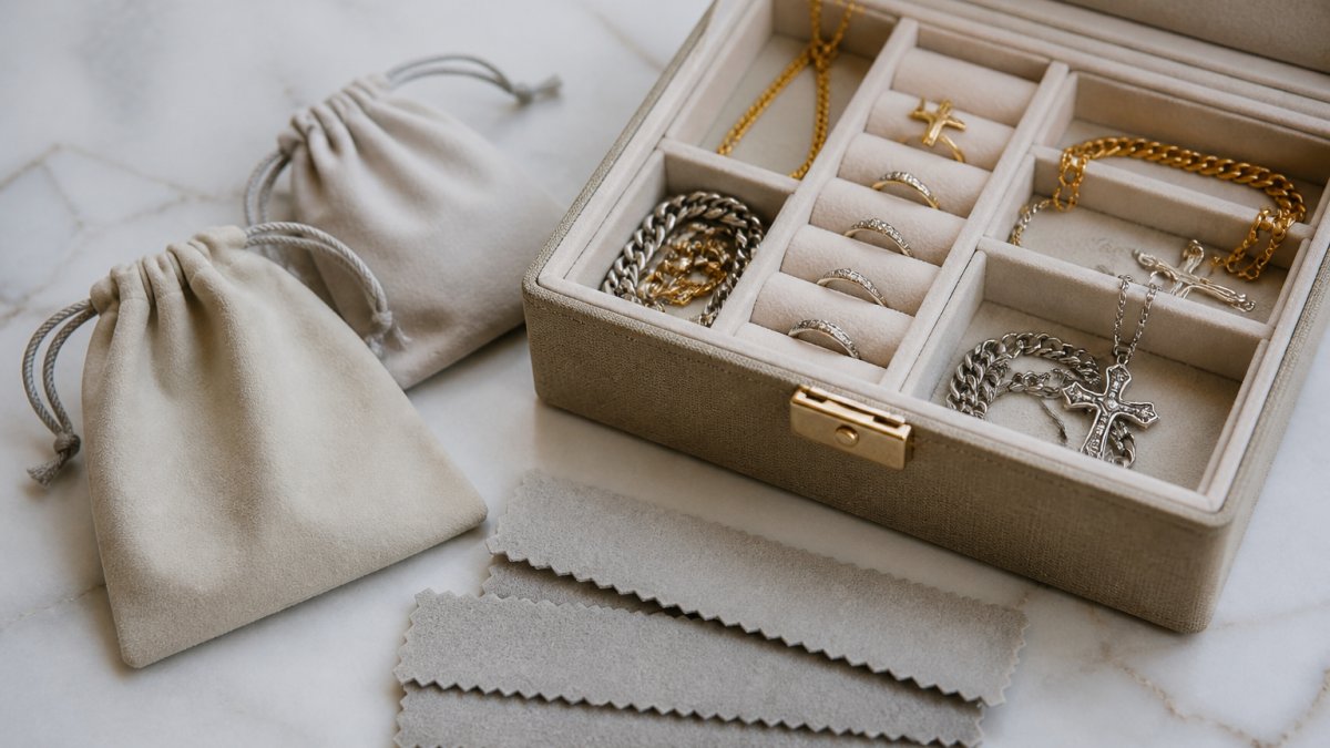 Close-up of organized jewelry storage showing soft pouches, a lined jewelry box with compartments, and anti-tarnish strips arranged neatly on a clean surface