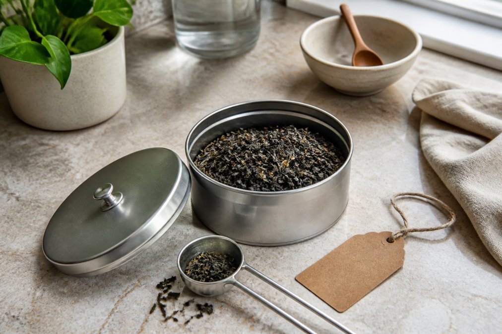 Overhead shot of a kitchen counter with an airtight tin of loose leaf tea, a small scoop of dry tea leaves, and a handwritten label beside it, natural window light