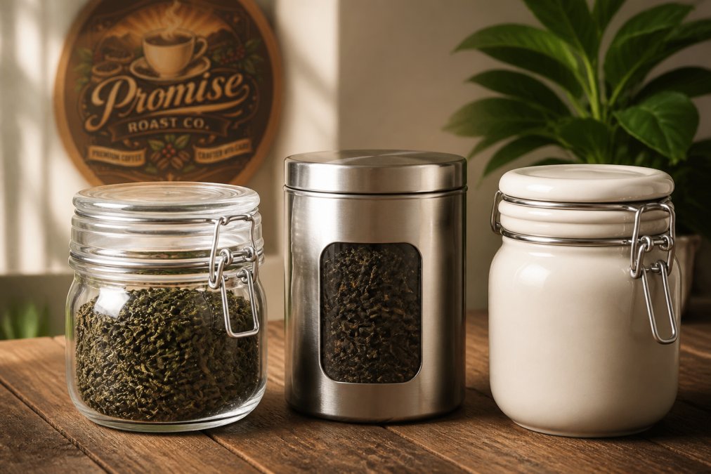 Close-up arrangement of three different tea storage containers side by side: a clear glass jar with an airtight metal seal filled with loose leaf green tea, a stainless steel tin with a tight-fitting lid, and a ceramic caddy with a secure closure, all sitting on a wooden surface with soft natural lighting