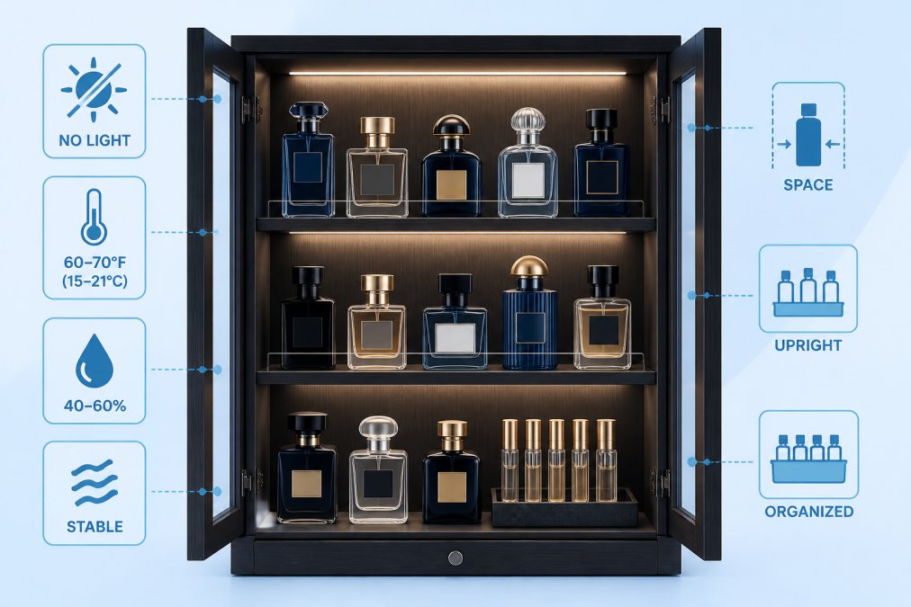 Luxury fragrance bottles organized in a dark wooden cabinet with soft interior lighting, temperature and humidity controls visible, showing professional-grade storage setup for high-value collection preservation