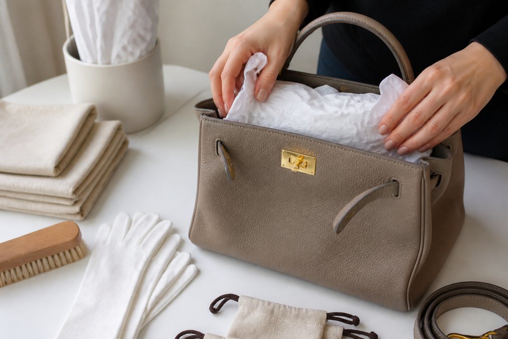 Close-up of hands carefully placing crumpled acid-free tissue paper into the interior of a luxury leather handbag to maintain its shape, resting on a clean, soft white surface with soft natural lighting