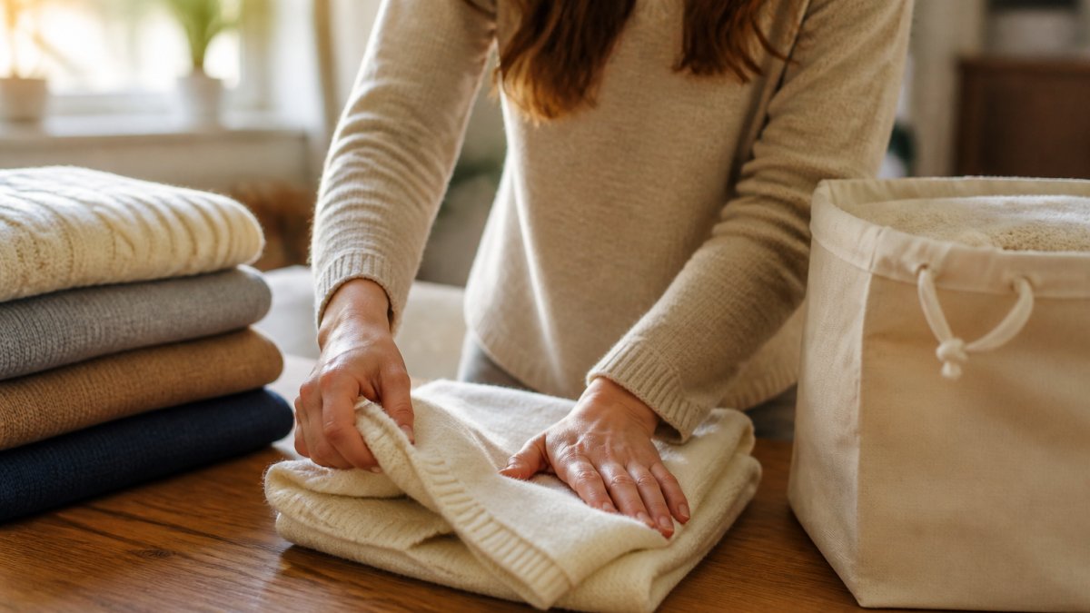 Close-up of hands folding a soft cream-colored wool sweater on a clean wooden surface, with a stack of neatly folded knitwear and a breathable cotton storage bag nearby in a bright room