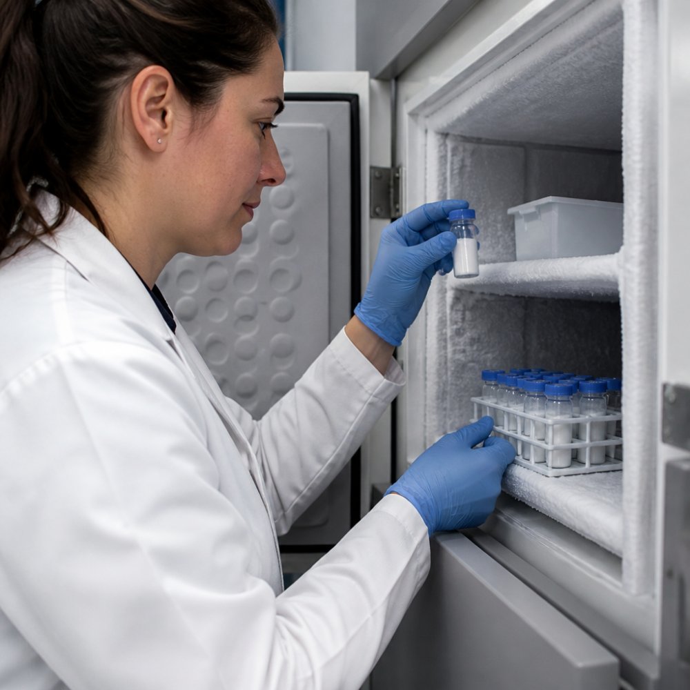 A researcher in a white lab coat and gloves carefully placing a labeled vial of lyophilized peptide powder into a laboratory freezer, with frost visible on the freezer interior and other vials in a rack nearby