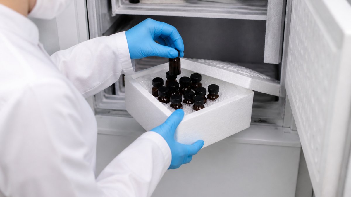 Professional laboratory technician carefully placing sealed amber glass vials of lyophilized peptides into a desiccant-lined freezer storage box under cool lighting conditions