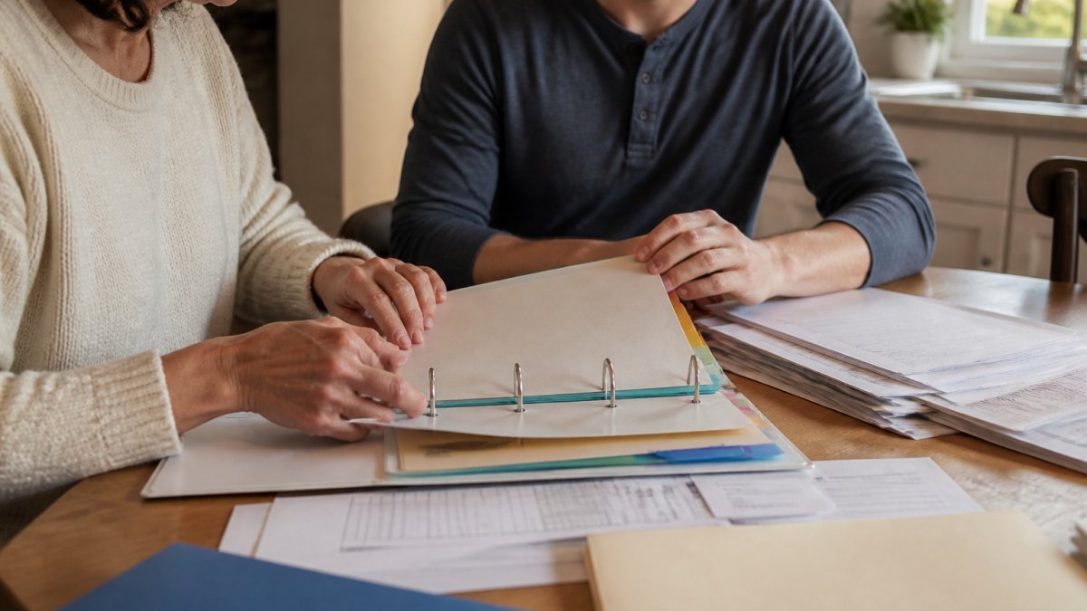 A parent and adult child sitting at a kitchen table assembling a three-ring binder with labeled dividers, medical papers spread out beside them, warm natural light