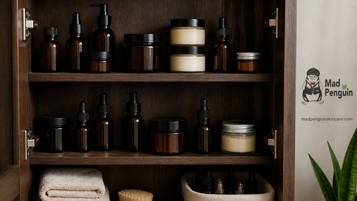 Amber glass skincare bottles and cream jars neatly organized inside a cool, dark wooden cabinet shelf