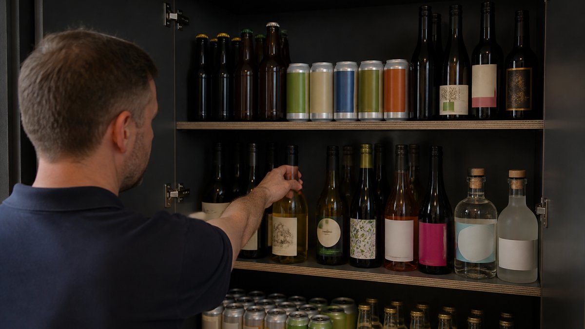 Well-organised home drinks cupboard displaying bottles of alcohol free beer, non-alcoholic wine, and 0% spirits stored away from direct sunlight in a cool, dark environment with consistent temperature