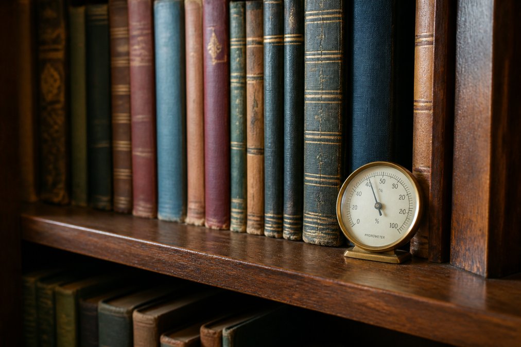 A neat row of old hardcover books on a wooden shelf in a dry, dimly lit home library, with a small hygrometer placed on the shelf