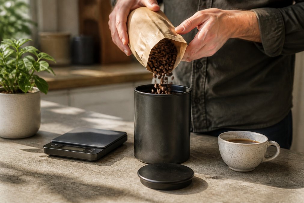 Hands pouring roasted beans into an airtight canister to store organic coffee on a bright kitchen counter