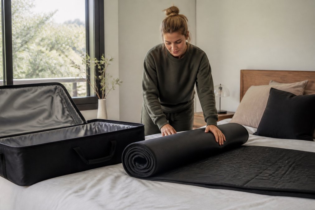 A person in a bright, modern bedroom carefully rolling a large PEMF mat, with a padded carrying case open on the bed nearby, natural daylight from a window illuminating the scene