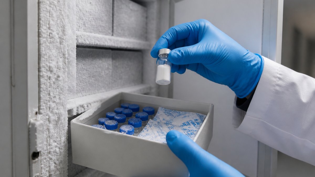 Professional researcher's gloved hands placing a labeled peptide vial into a -80°C freezer, with frost crystals visible on the freezer walls and desiccant packets arranged in the storage container