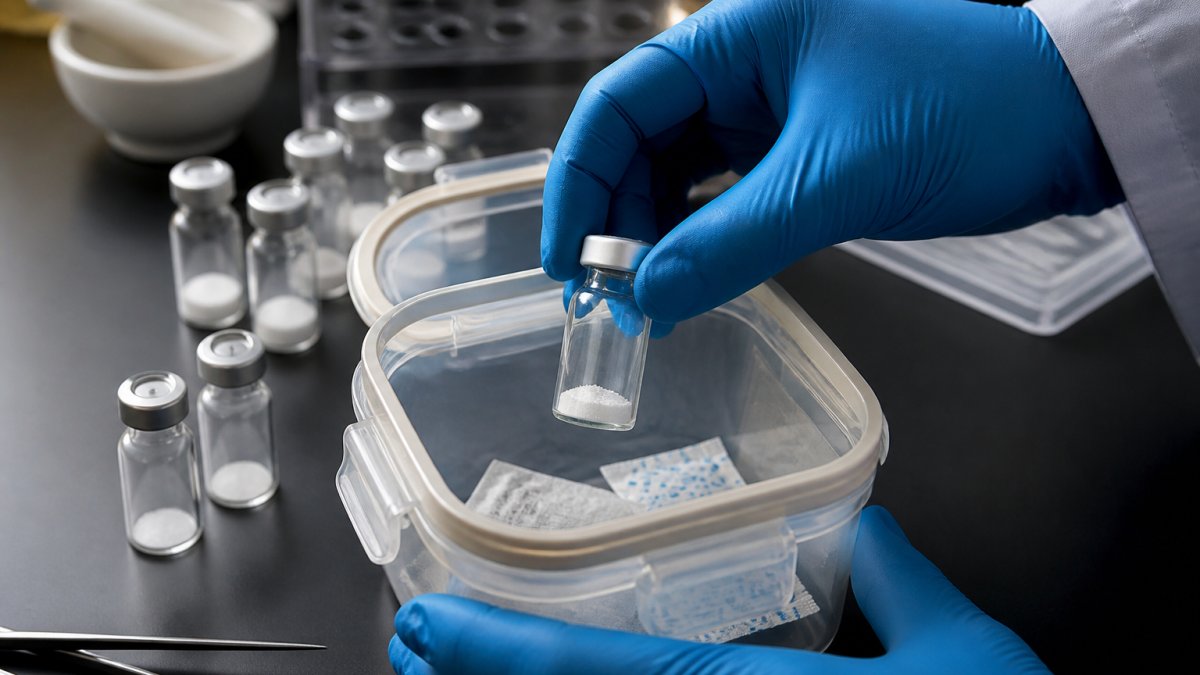 A researcher's gloved hands placing a sealed peptide vial into an airtight container with silica gel desiccant packets, on a clean laboratory bench under soft lighting