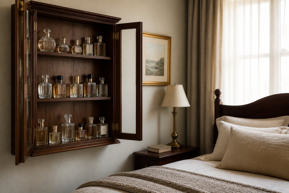 A wooden perfume cabinet on a bedroom wall, several elegant glass bottles arranged neatly on a shelf, soft natural light from a curtained window, no direct sun hitting the bottles