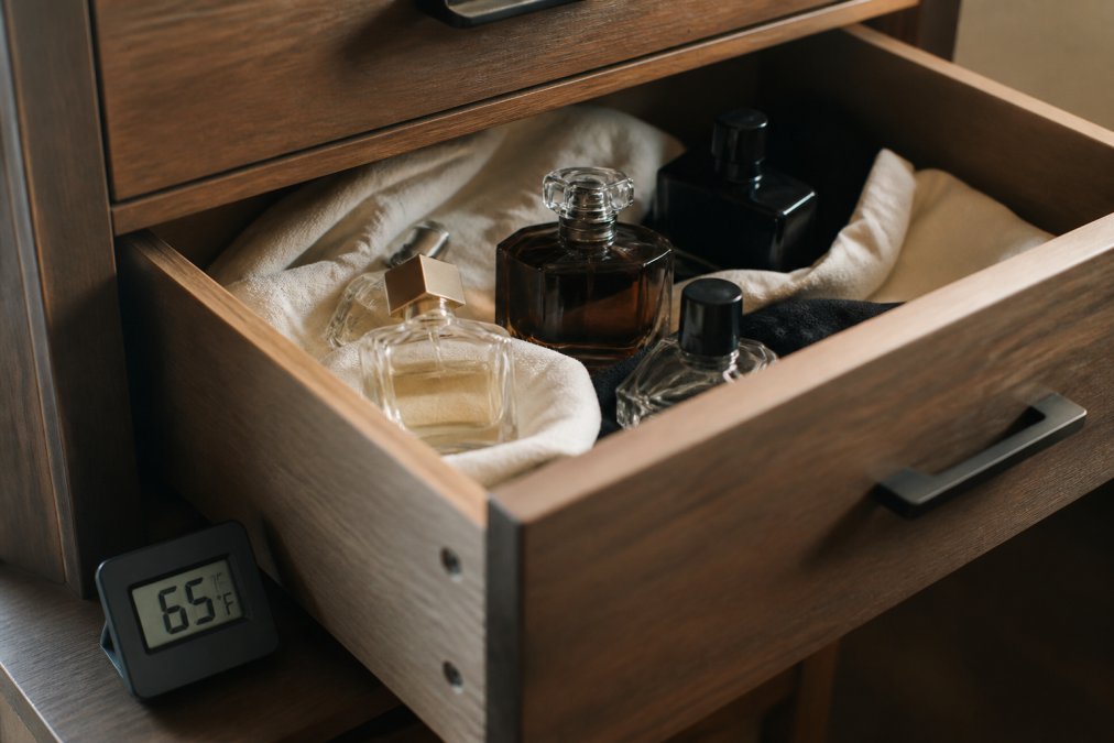 A wooden dresser drawer slightly open, revealing several perfume bottles nestled among soft cloths, with a small digital thermometer showing 65°F nearby, evoking a cool, dark storage spot