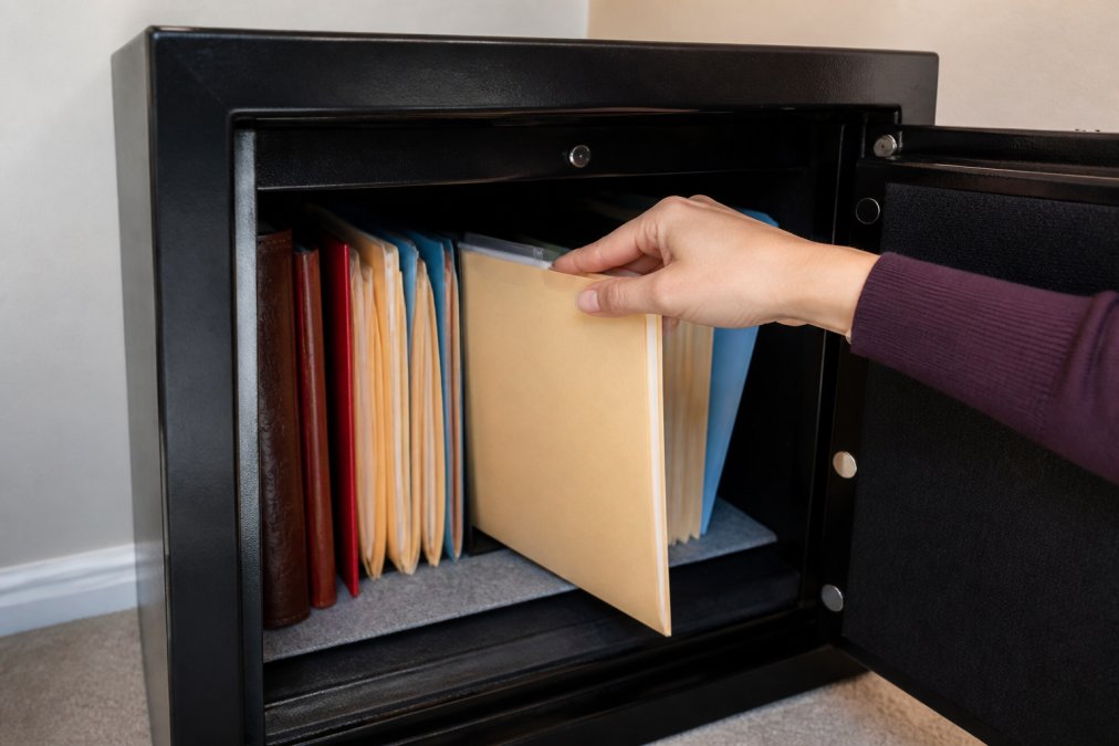 Close-up of an open fireproof safe containing organized folders and documents with a hand reaching inside to retrieve a labeled folder