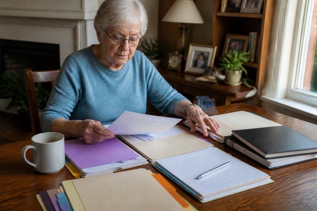 Older adult sitting at a desk with labeled folders, a notebook, and a laptop, organizing personal documents with clear categories visible