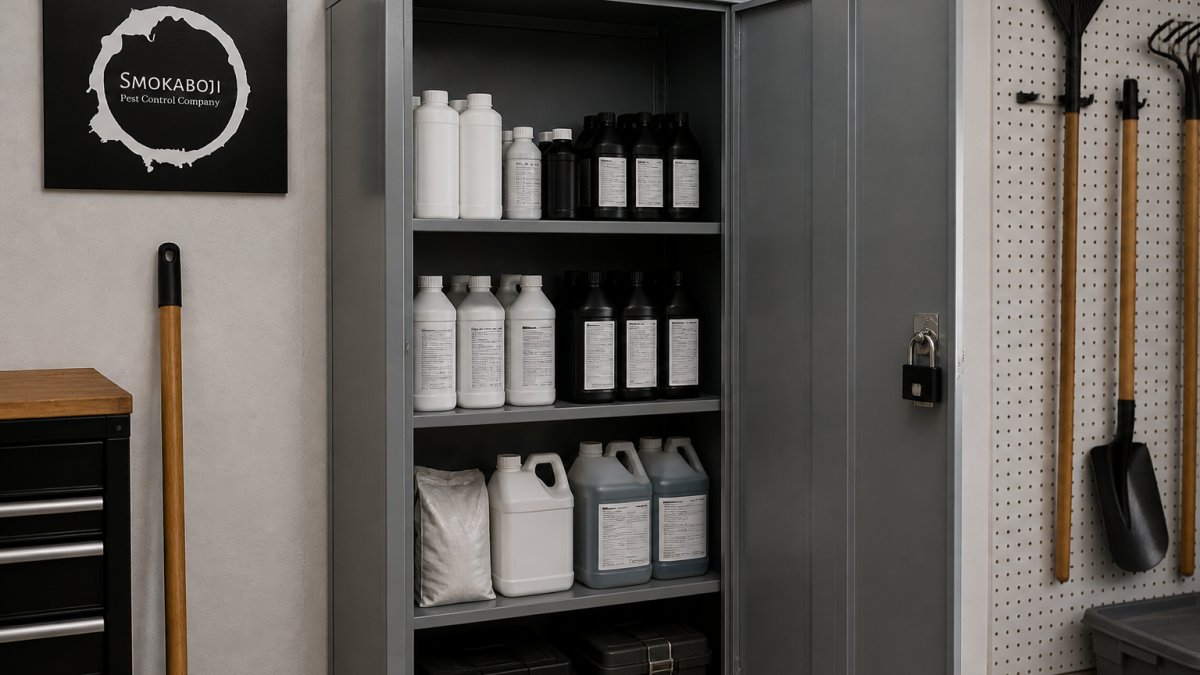 Locked metal storage cabinet in utility area containing pest control products in original labeled containers with padlock visible on cabinet door