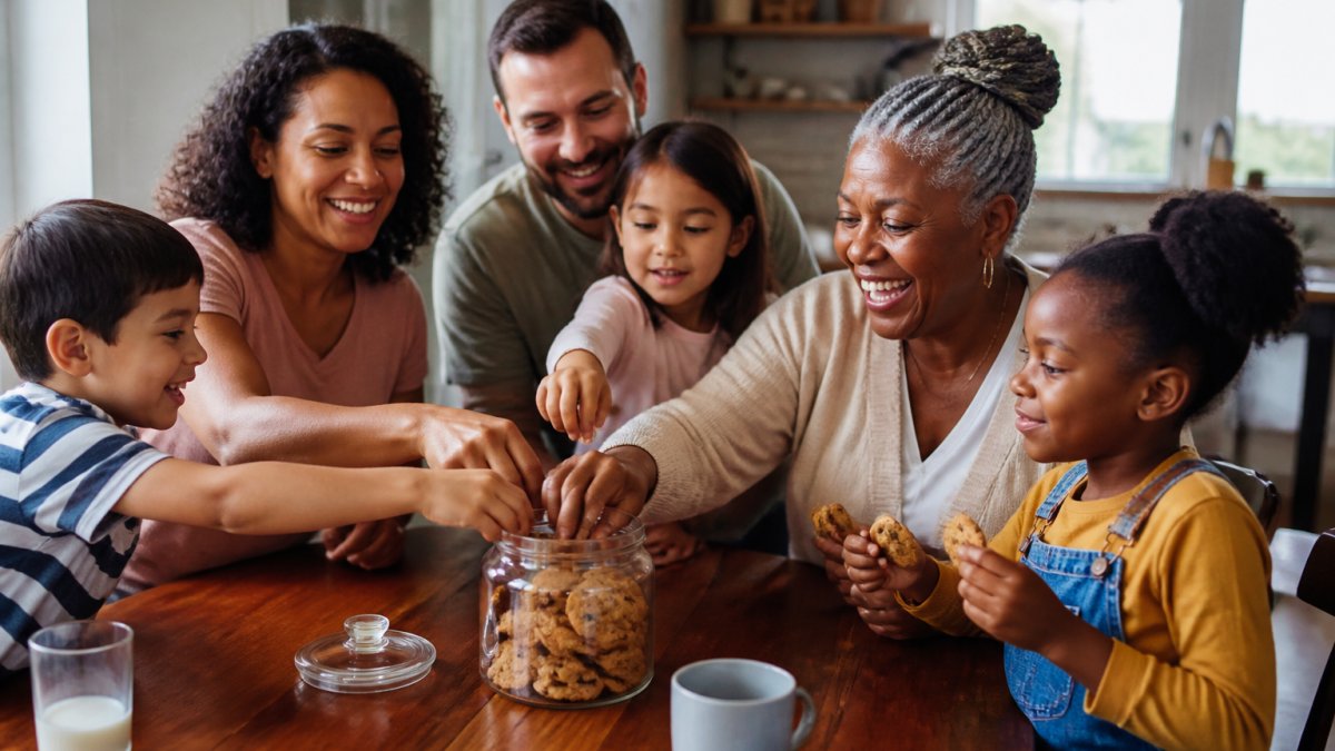 A warm home kitchen scene with a multigenerational, multiracial family gathered around a wooden table, reaching for golden homemade cookies from a glass jar while a Black grandmother smiles and a young child holds a cookie, natural window light, lifelike and candid