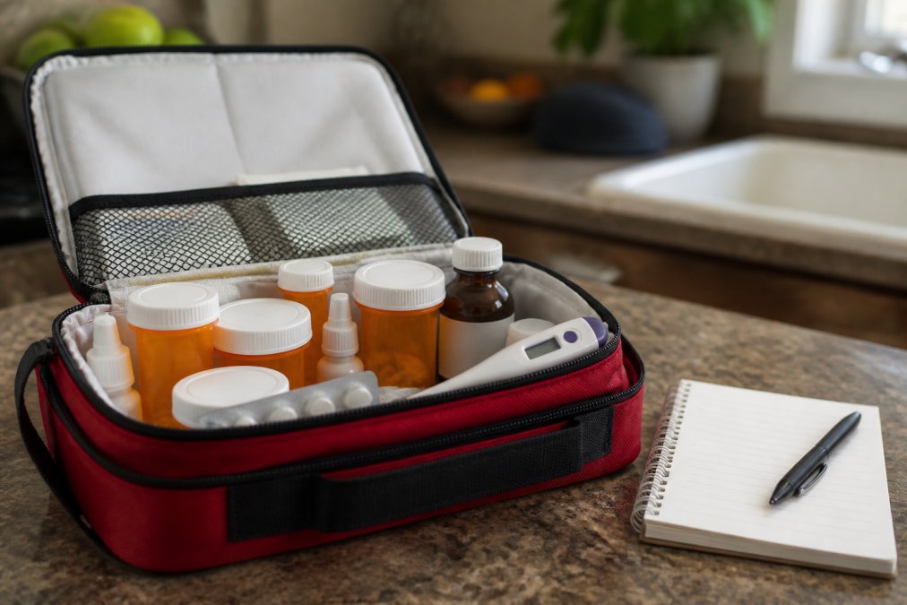 Infographic checklist showing how to store prescription medications for emergencies with supplies on a table.