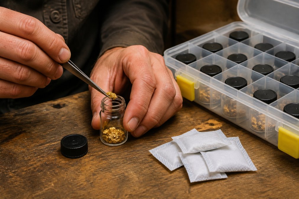 Hands using tweezers to store raw gold flakes in a glass vial next to silica gel packets on a wooden workbench