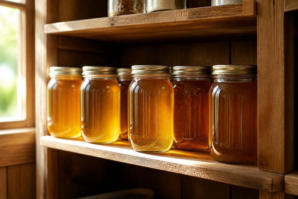 Close-up of golden raw honey in glass jars with sealed metal lids arranged on a wooden pantry shelf with warm natural light filtering through