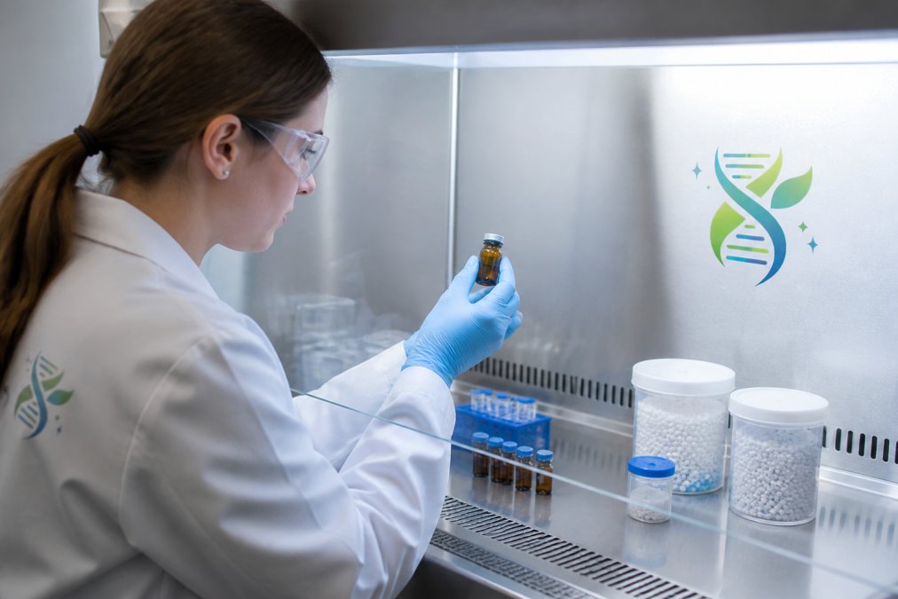 Professional researcher in laboratory coat carefully handling a sealed amber vial of peptide in a biosafety cabinet, with desiccant containers and storage vials visible on the work surface under controlled lighting