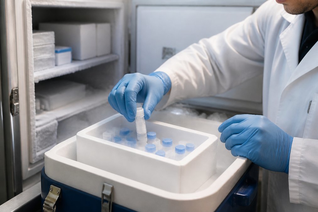 Researcher placing labeled vials of research peptides into a cryogenic storage box on dry ice