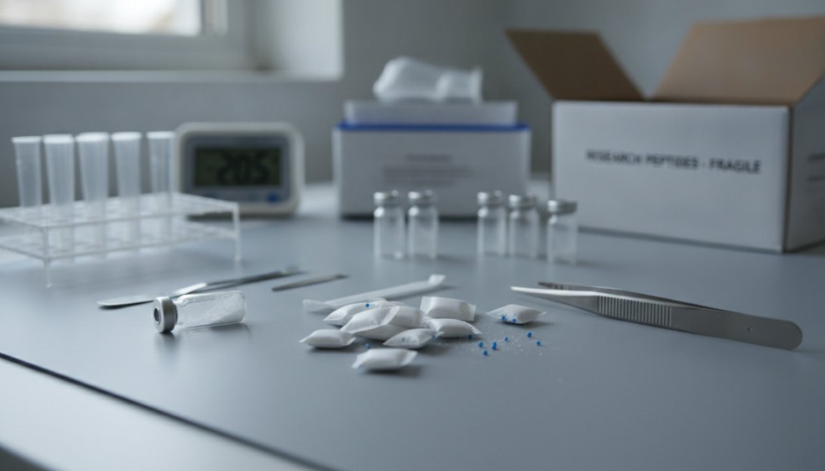 Close-up of gloved hands carefully placing small labeled peptide vials into a freezer storage rack inside a laboratory freezer, with silica gel desiccant packets visible in the foreground on a stainless steel surface