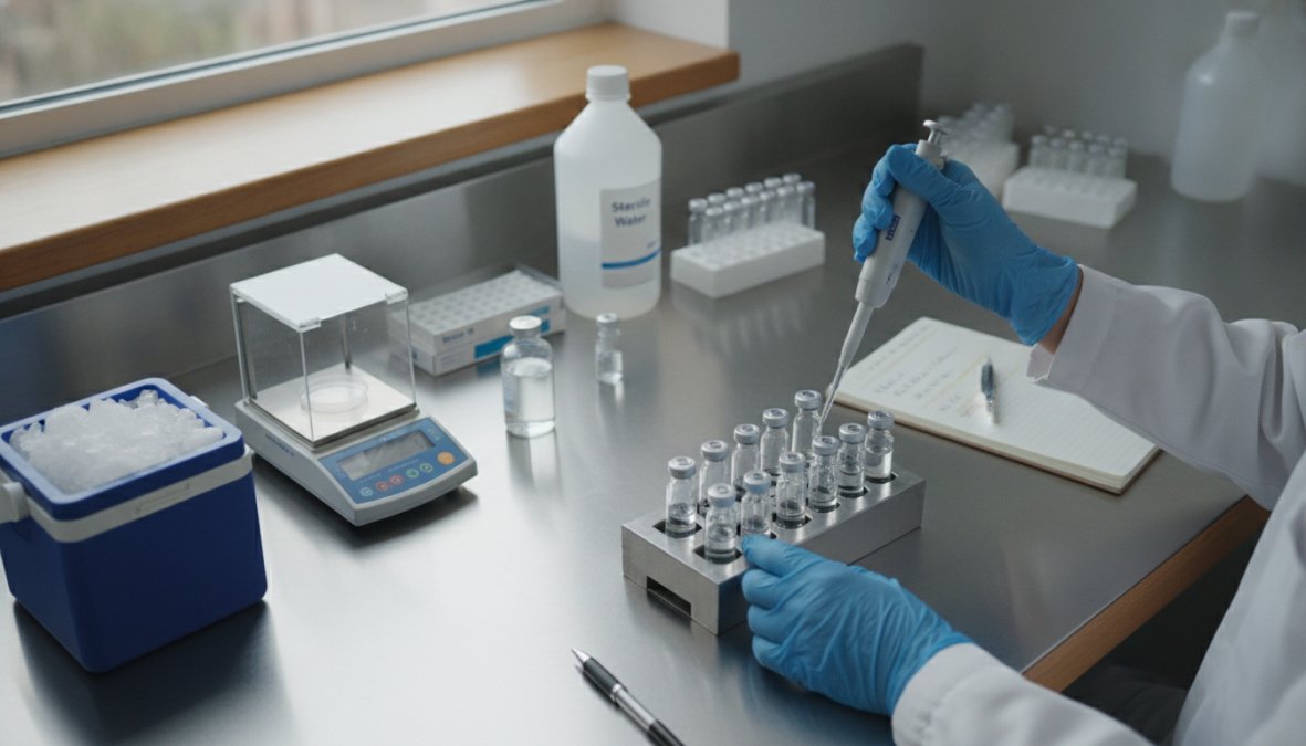Overhead shot of a clean laboratory bench with multiple small sterile vials, a sterile syringe, a small bottle of bacteriostatic water, and a permanent marker for labeling, arranged neatly on a white surface under bright overhead lighting