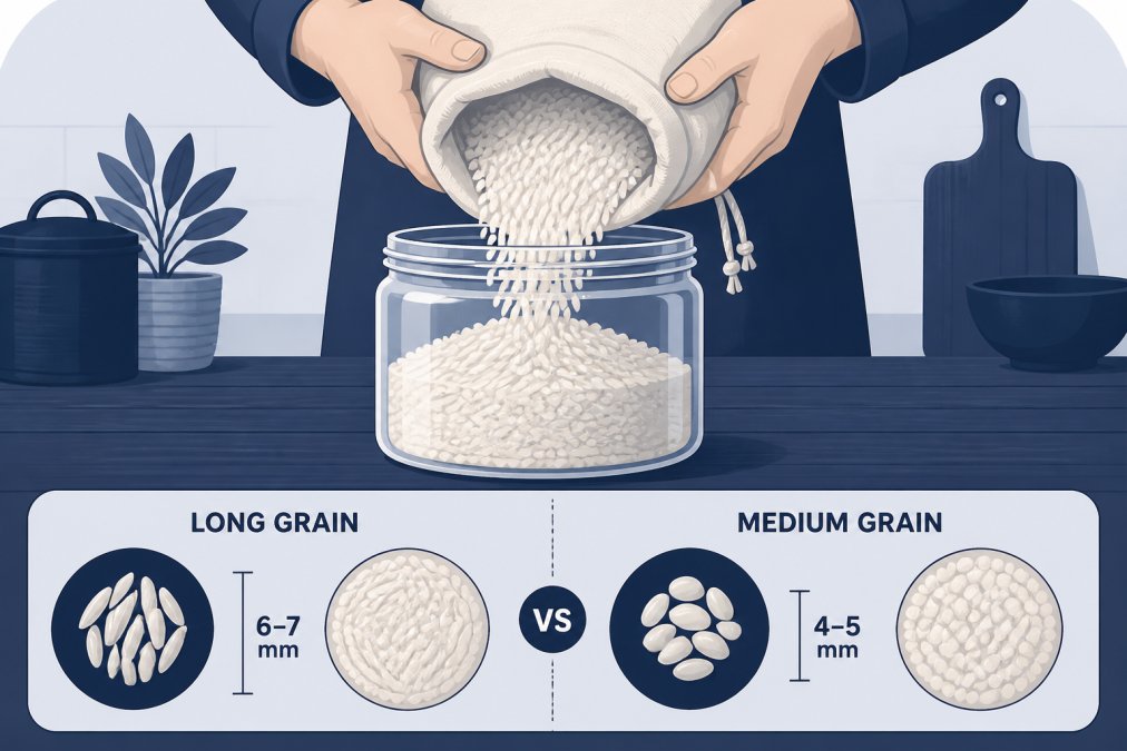 Hands carefully pouring white rice from a cloth sack into a clear glass container on a wooden counter, showing the difference in grain size and color