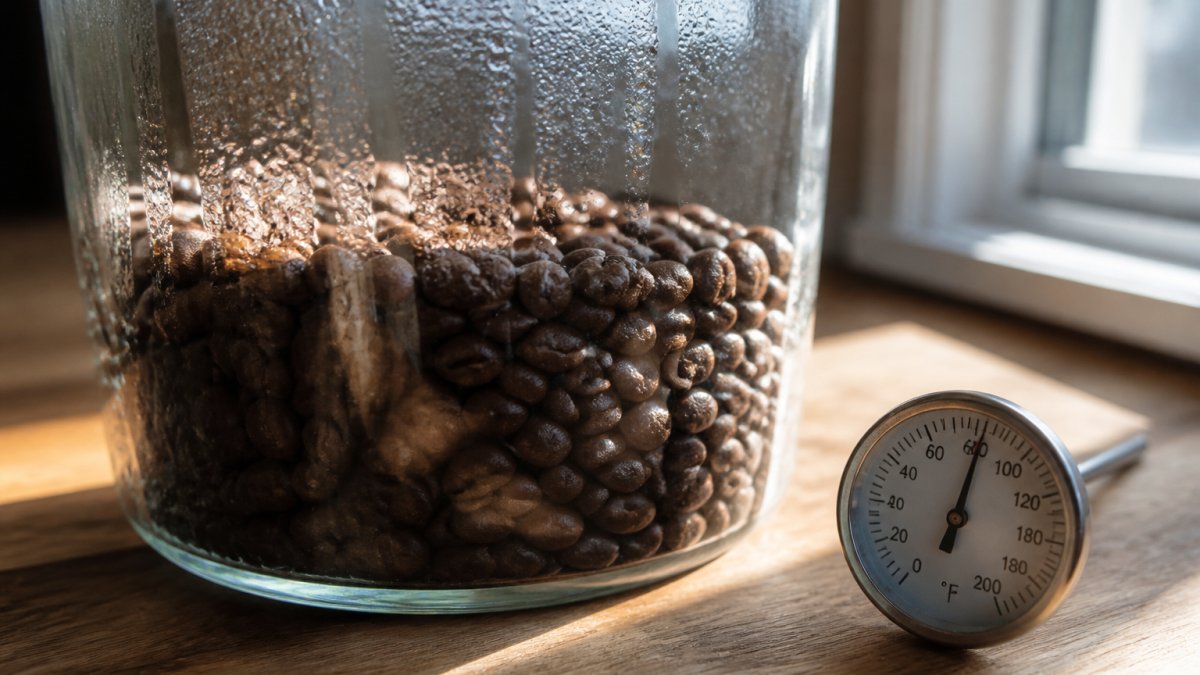 Close-up of whole roasted coffee beans in a clear glass container with sunlight streaming across them, condensation visible on the glass interior, and a thermometer showing temperature nearby