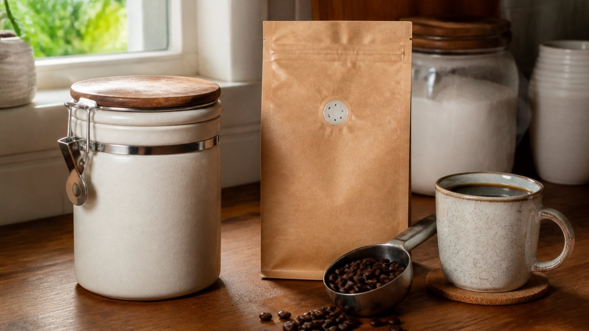 Opaque ceramic coffee canister and valve-sealed bag with roasted beans on a sunlit kitchen counter