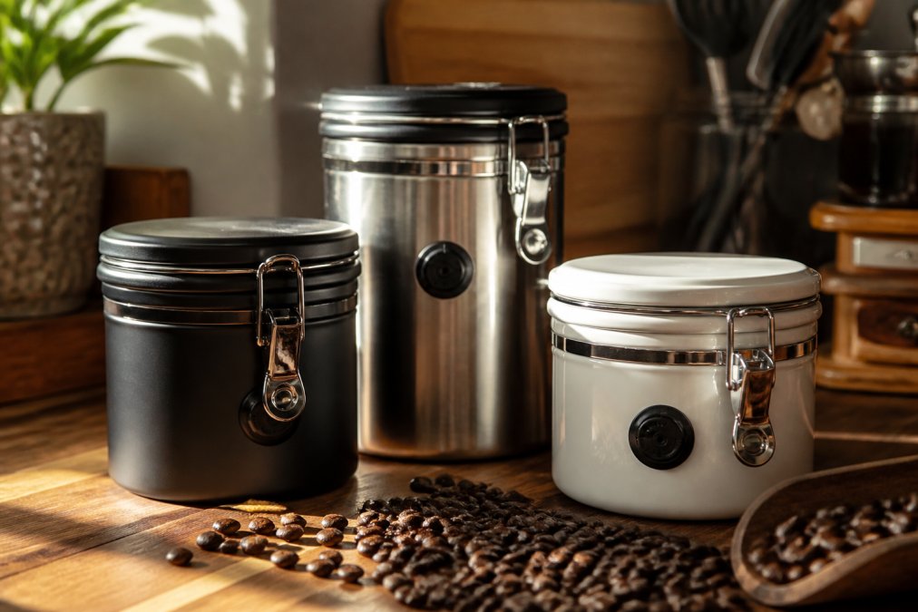 Close-up of several opaque airtight ceramic and stainless steel coffee storage containers with one-way valves on a wooden kitchen counter, whole dark roasted coffee beans scattered nearby in warm morning light