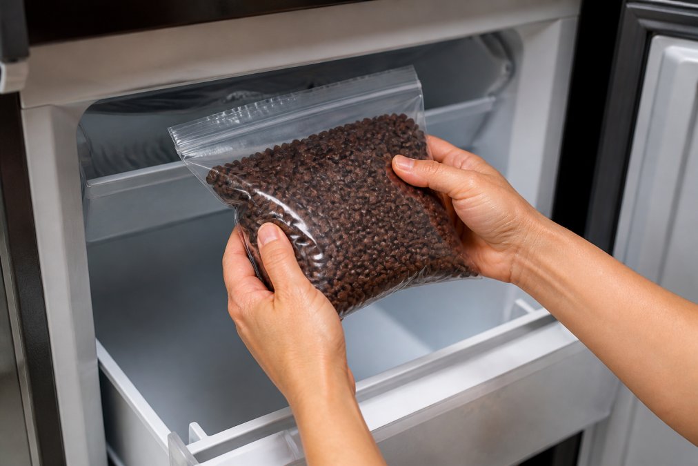 Hands placing a sealed, labeled resealable bag of whole dark roasted coffee beans into a frost-free freezer drawer, clear frost-free interior visible in the background under bright kitchen lighting