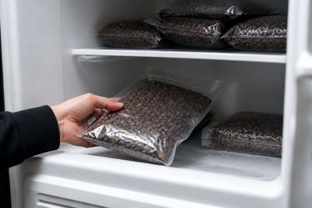 Person placing a vacuum-sealed bag of coffee into a freezer to learn how to store roasted coffee beans long term
