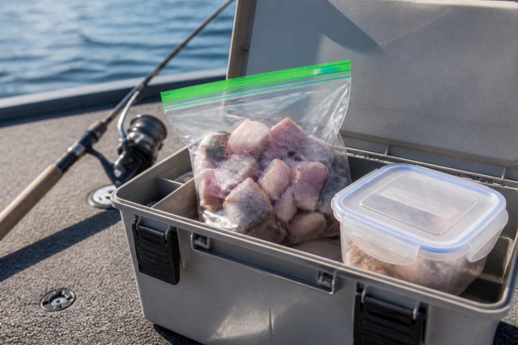 An open tackle box on a boat deck showing a resealable bag of cut bait chunks next to a small airtight plastic container, with a fishing rod resting in the background under bright afternoon sun