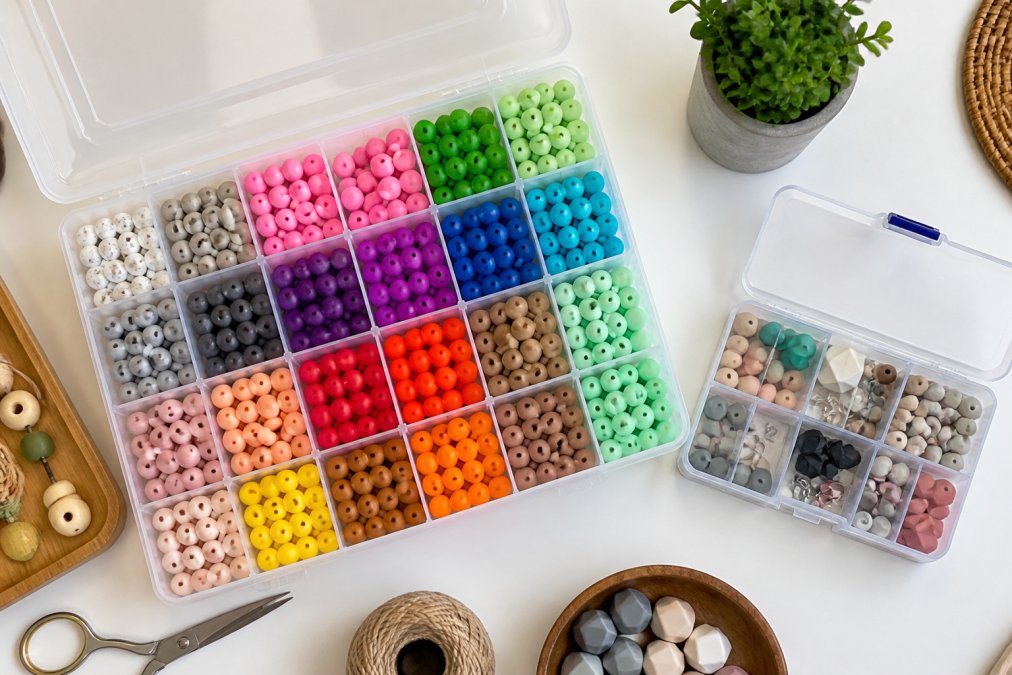 Clear plastic storage containers organized with colorful silicone craft beads on a white craft desk surface