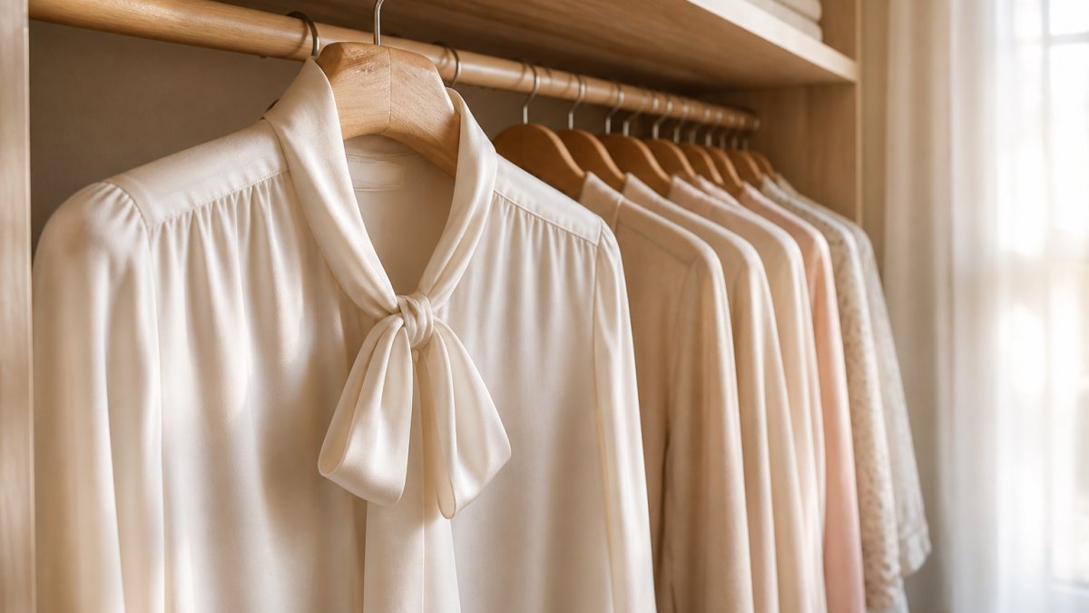 Silk blouse hanging on a padded wooden hanger to store silk blouses properly in an organized closet.