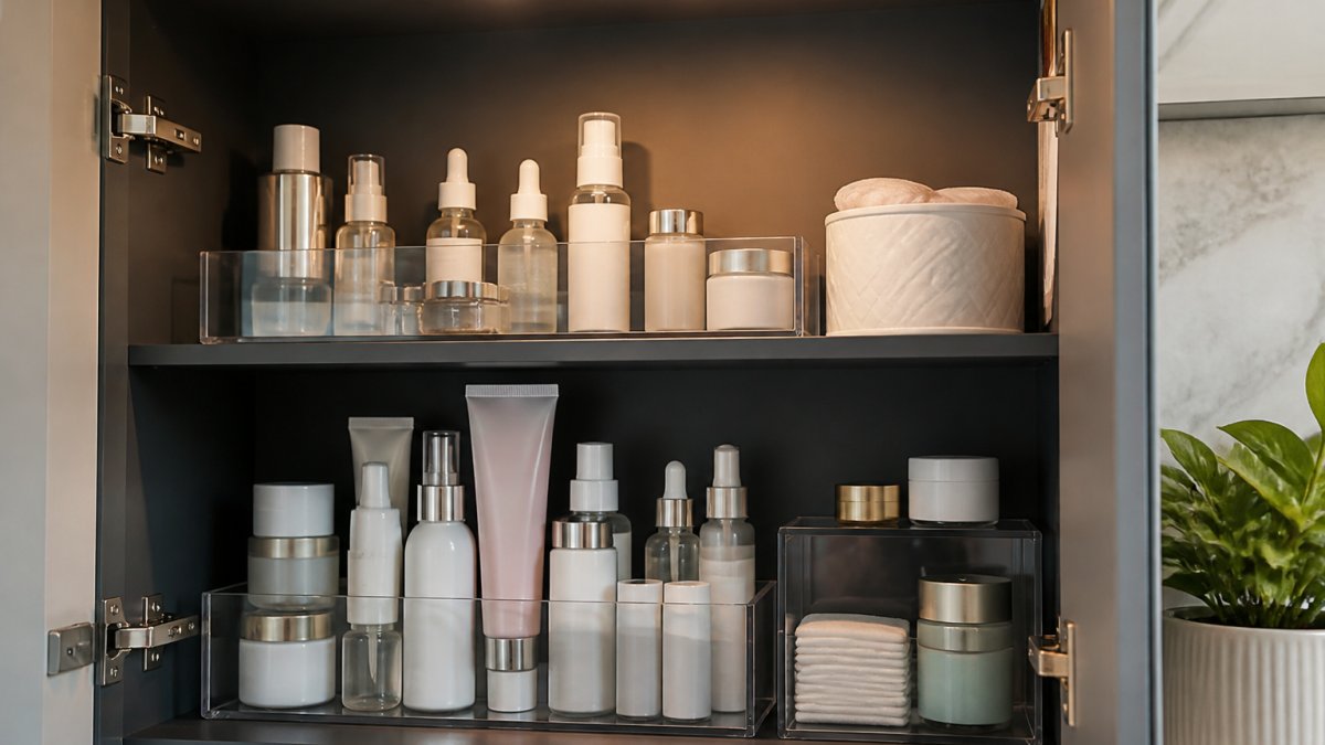 A well-organized bathroom vanity with skincare products neatly arranged in a cool, dark cabinet with proper lighting, showing clear storage containers and a minimalist routine setup