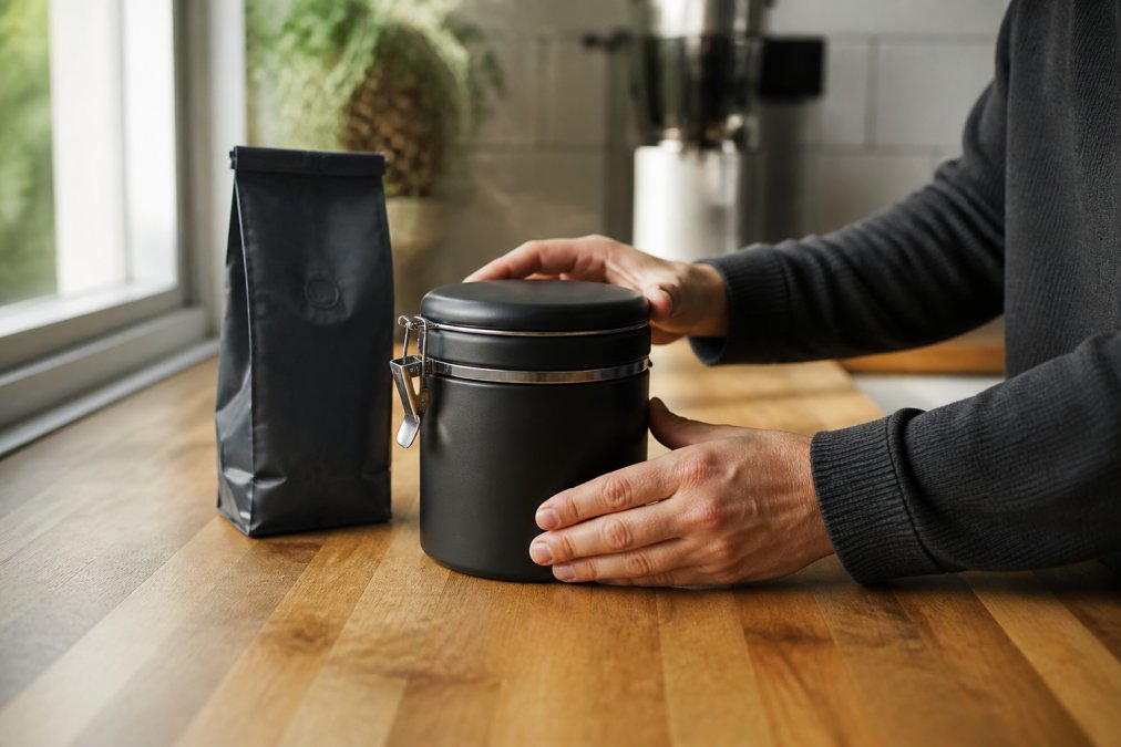 Hands placing a matte black coffee canister on a counter to learn how to store specialty coffee beans properly.